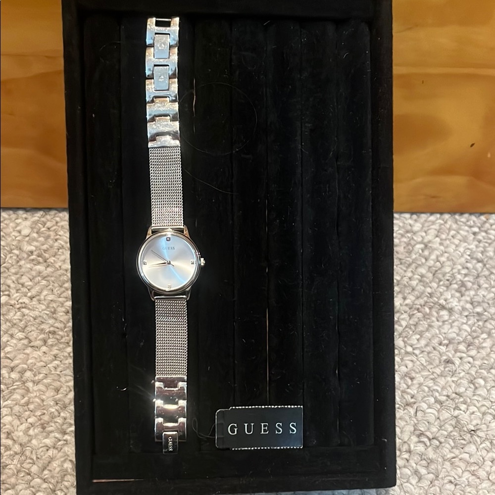Beautiful Guess Silver Mesh Bracelet Watch with Rhinestones
